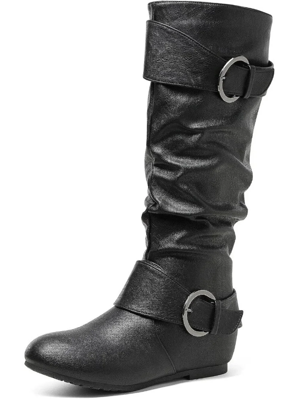Women's Ura-Black Faux Leather High Low Hidden Wedge Side Zipper Knee High Boots